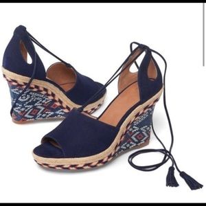 CAbi # 6001 Navy Suede Wedge Ankle Wrap Sandals